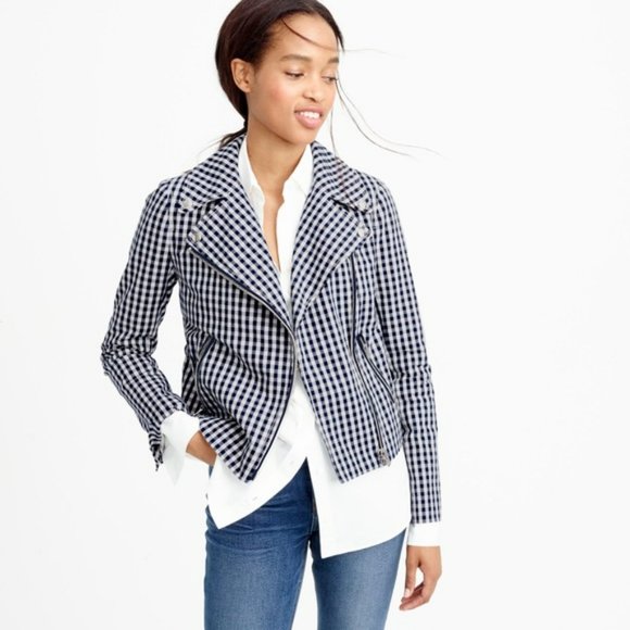 J. Crew Jackets & Blazers - J. Crew Motorcycle Jacket in Blue Gingham.  SZ 0